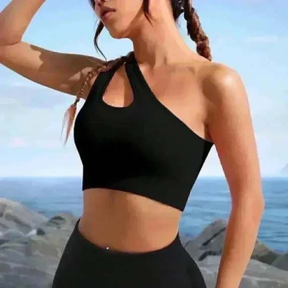One Shoulder Cut Out Crop Sports Bra athleisure active Black - Picture 2 of 5
